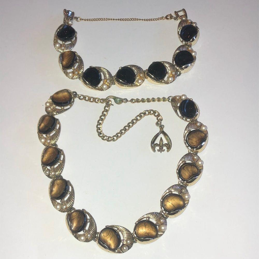Rousseau Vintage Thermoset Black & Brown Chunky Retro Necklace & Bracelet Set